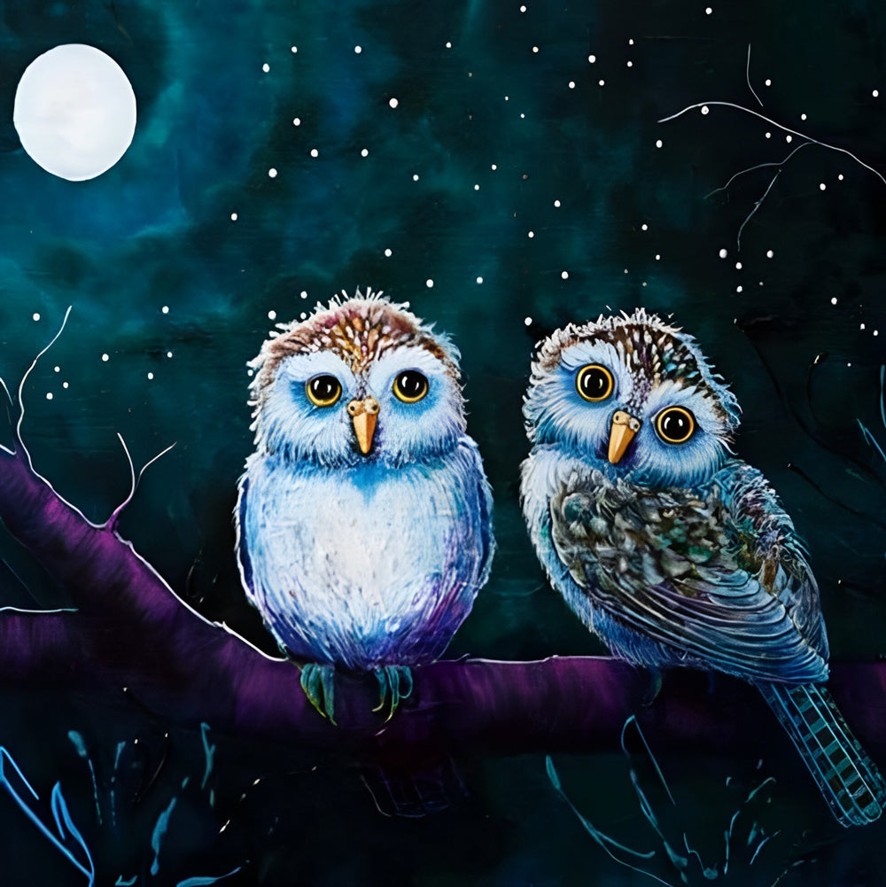 Twee Uilen op een Paarse Tak Diamond Painting
