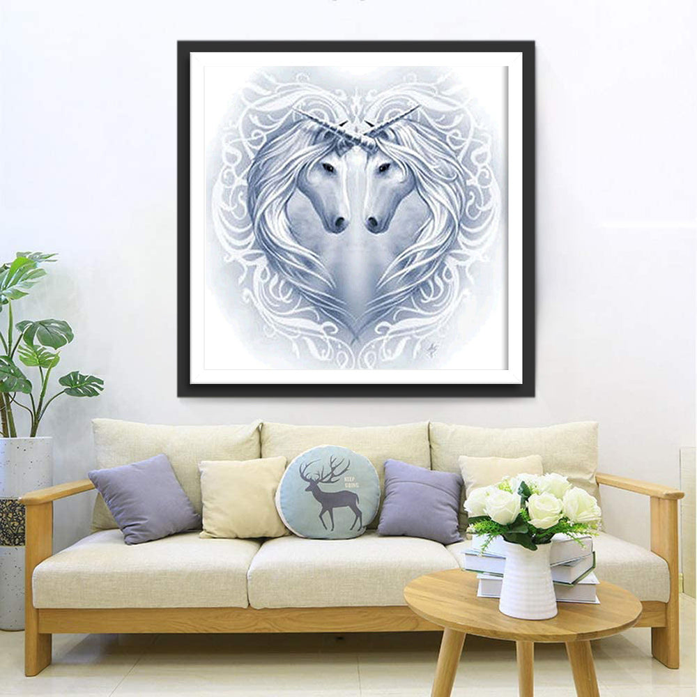 Twee Unicorns Vormen Hart met Geweven Manen Diamond Painting