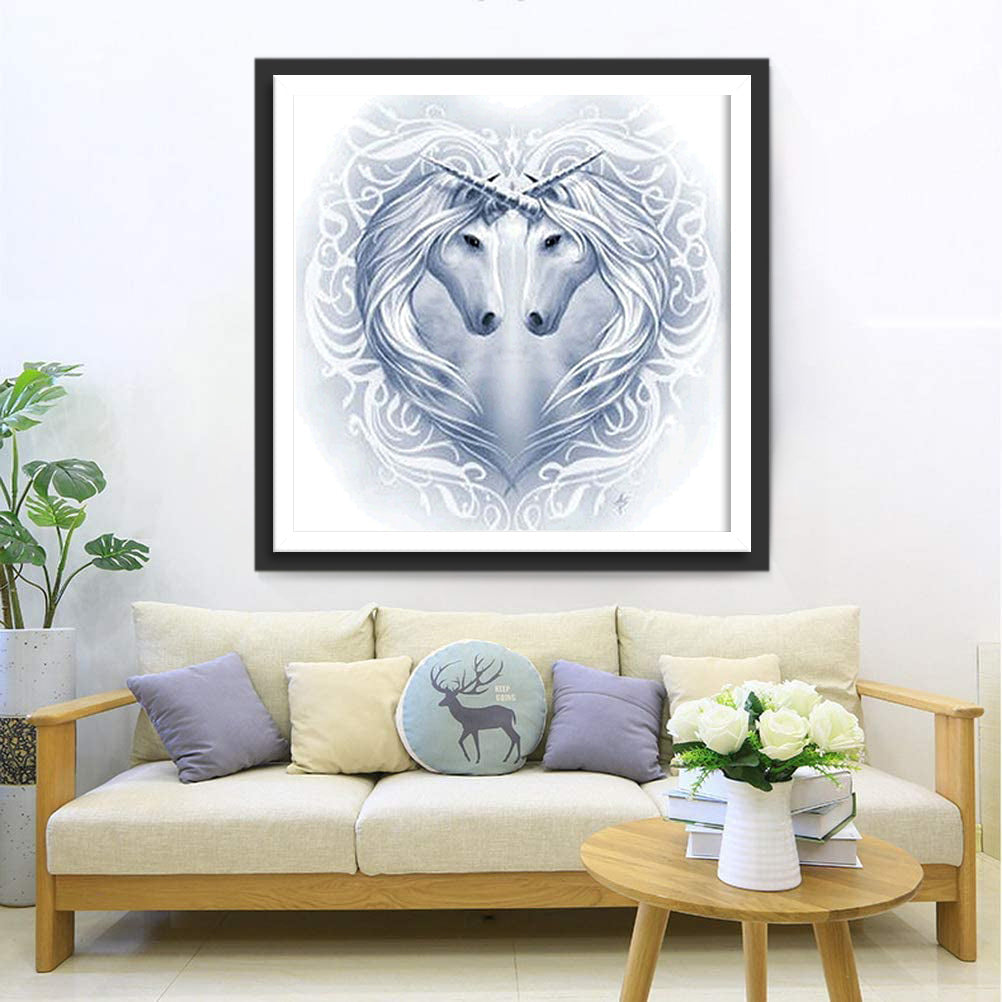 Twee Unicorns Vormen Hart met Geweven Manen Diamond Painting
