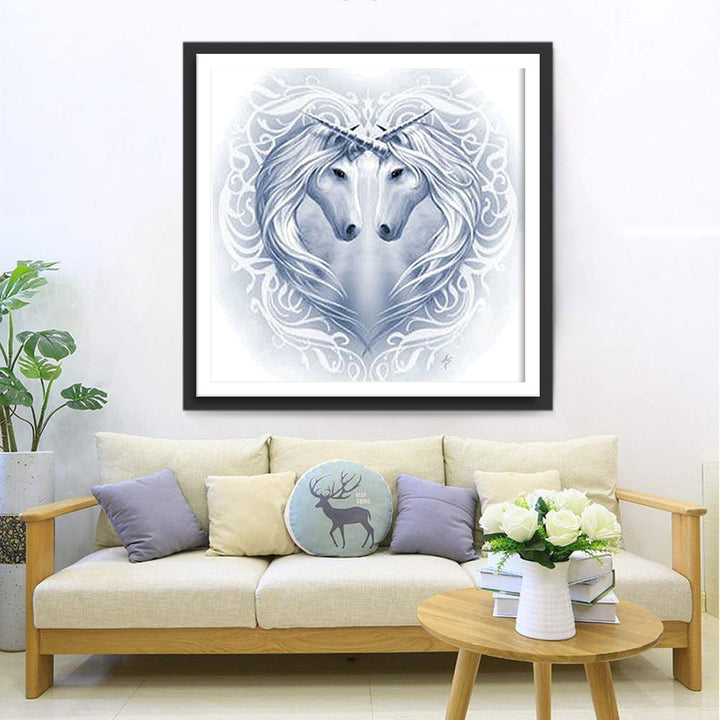 Twee Unicorns Vormen Hart met Geweven Manen Diamond Painting
