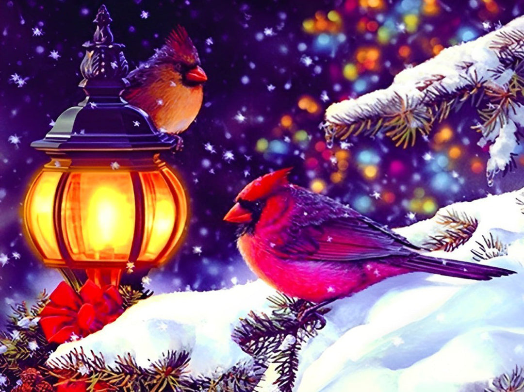 Twee Vogels bij een Straatlantaarn op een Besneeuwde Dag Diamond Painting