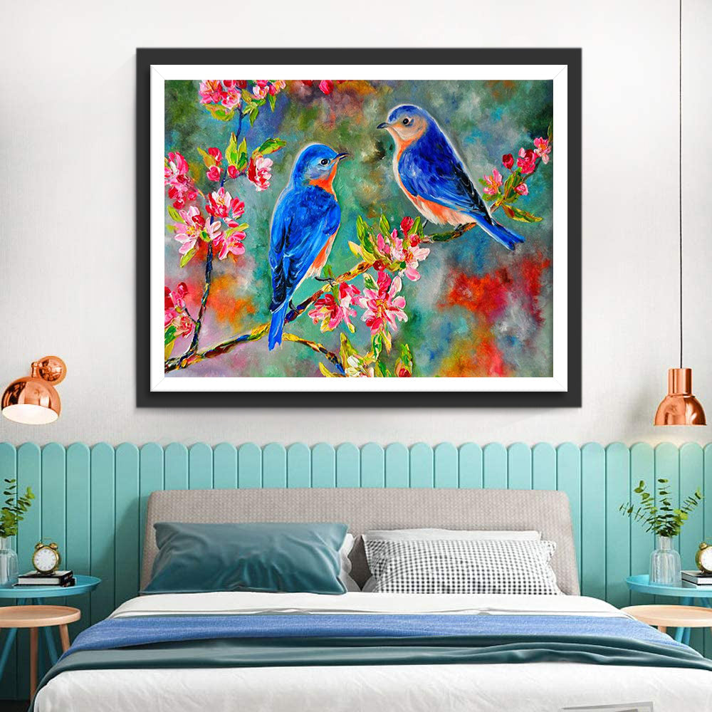 Twee Vogels in een Boom met Roze Bloemen Diamond Painting
