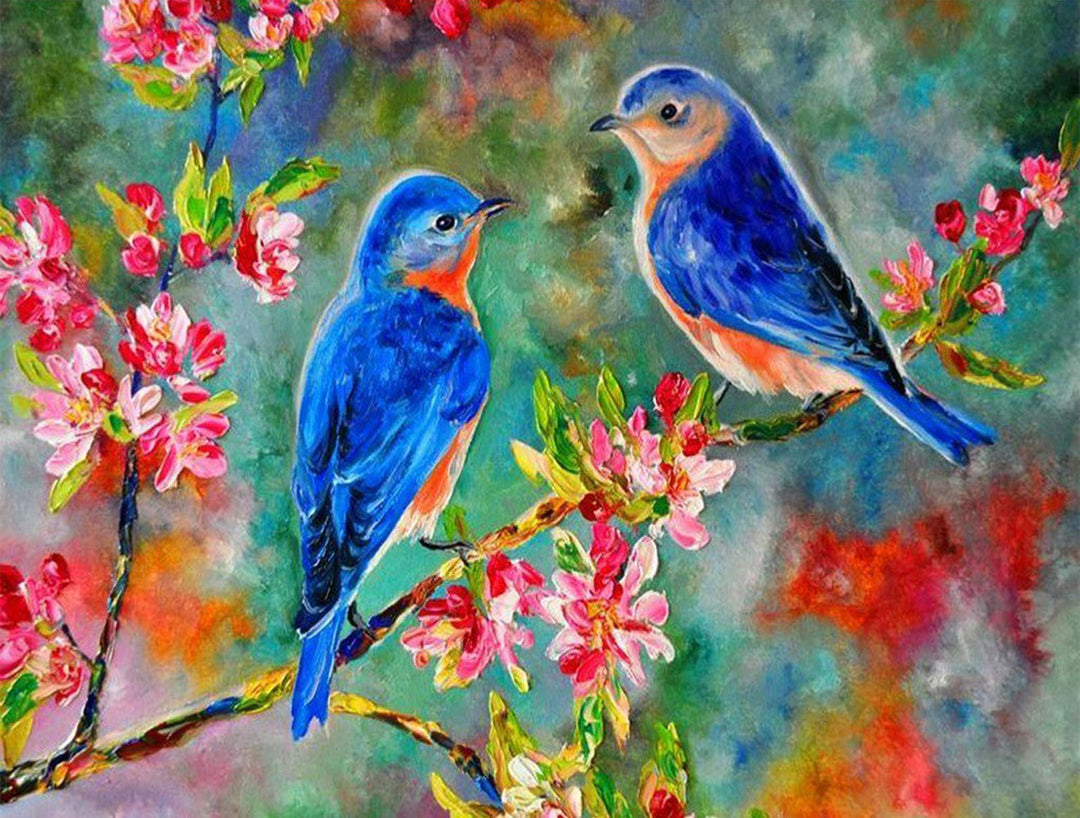 Twee Vogels in een Boom met Roze Bloemen Diamond Painting