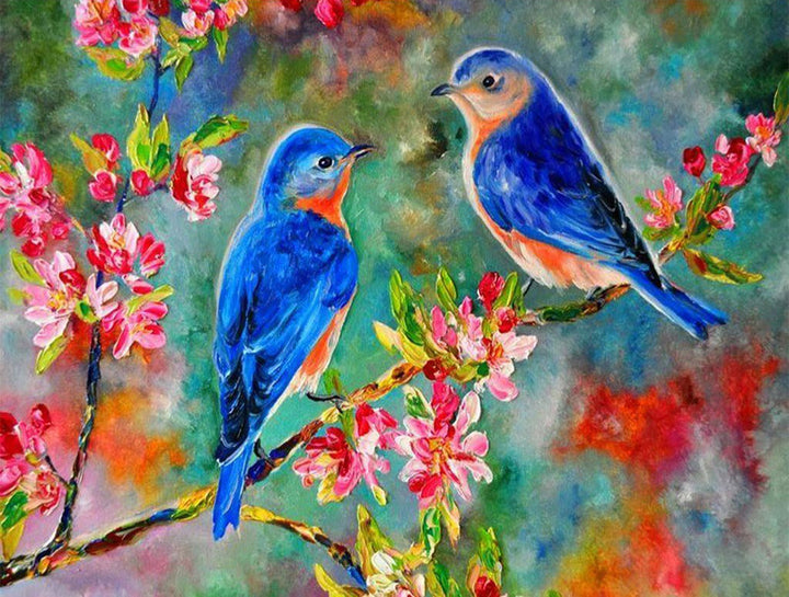 Twee Vogels in een Boom met Roze Bloemen Diamond Painting