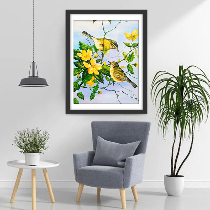 Twee Vogels op de Gele Bloemen Diamond Painting
