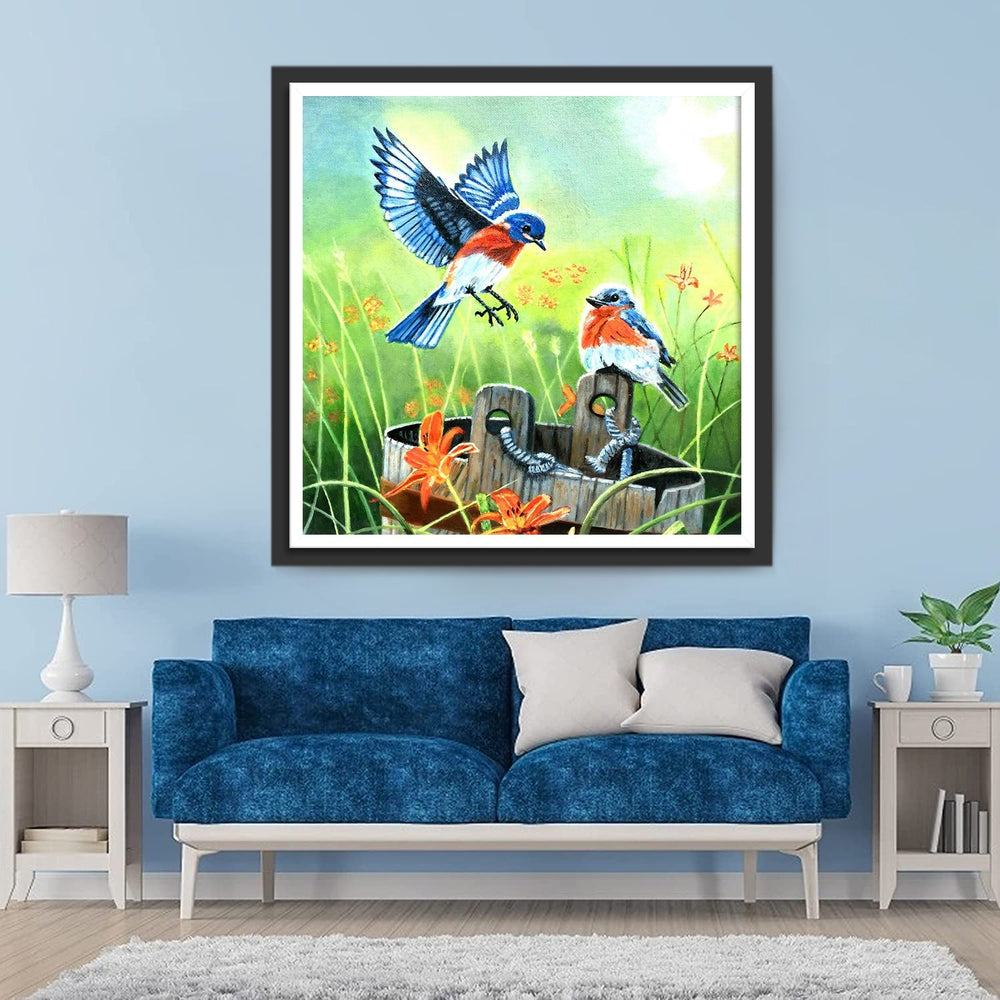 Twee Vogels op een Houten Vat in de Weide Diamond Painting