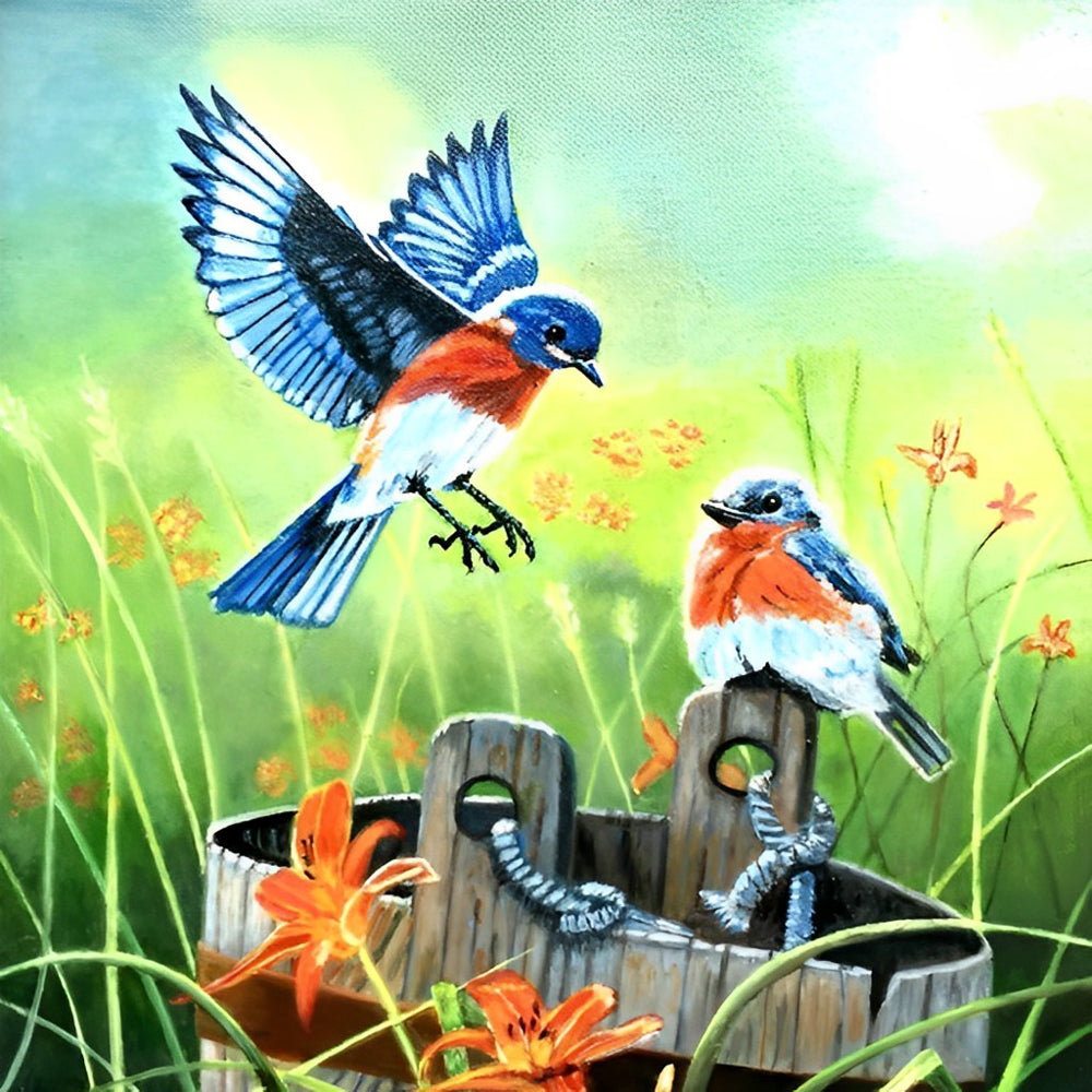 Twee Vogels op een Houten Vat in de Weide Diamond Painting
