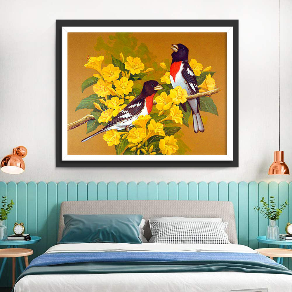 Twee Vogels op een Tak met Gele Bloemen Diamond Painting