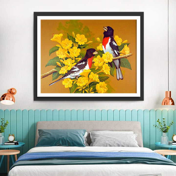 Twee Vogels op een Tak met Gele Bloemen Diamond Painting