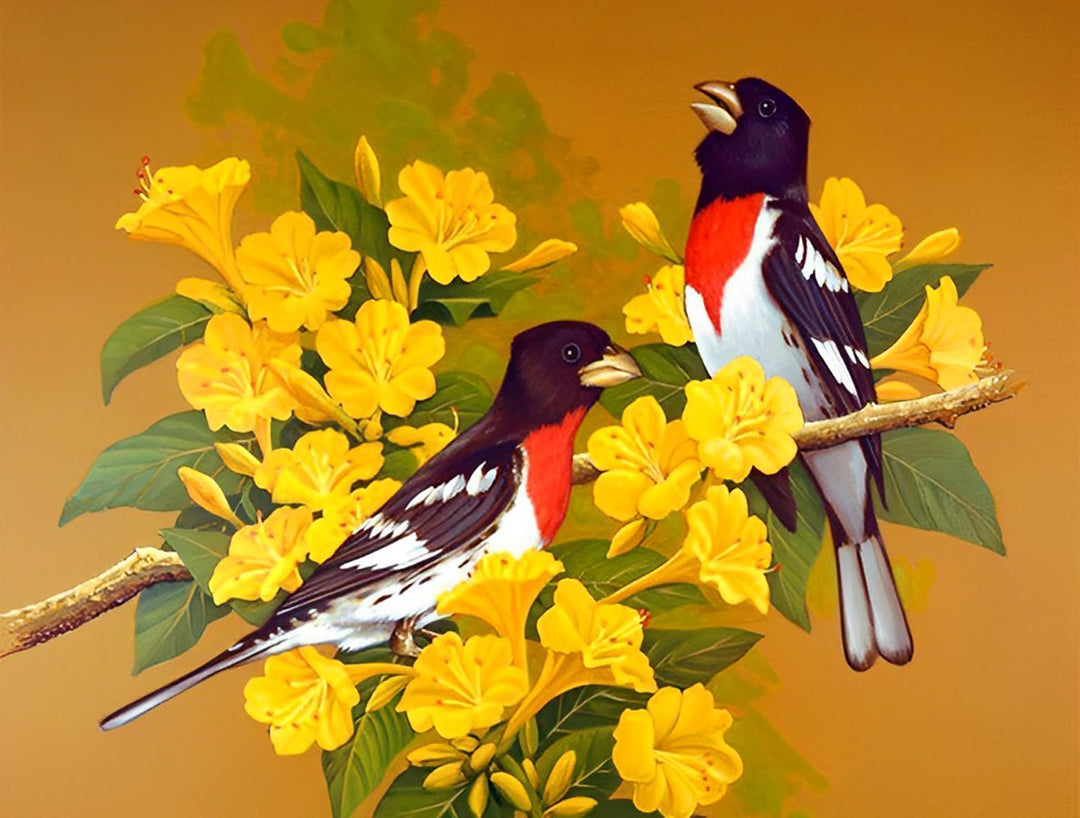 Twee Vogels op een Tak met Gele Bloemen Diamond Painting