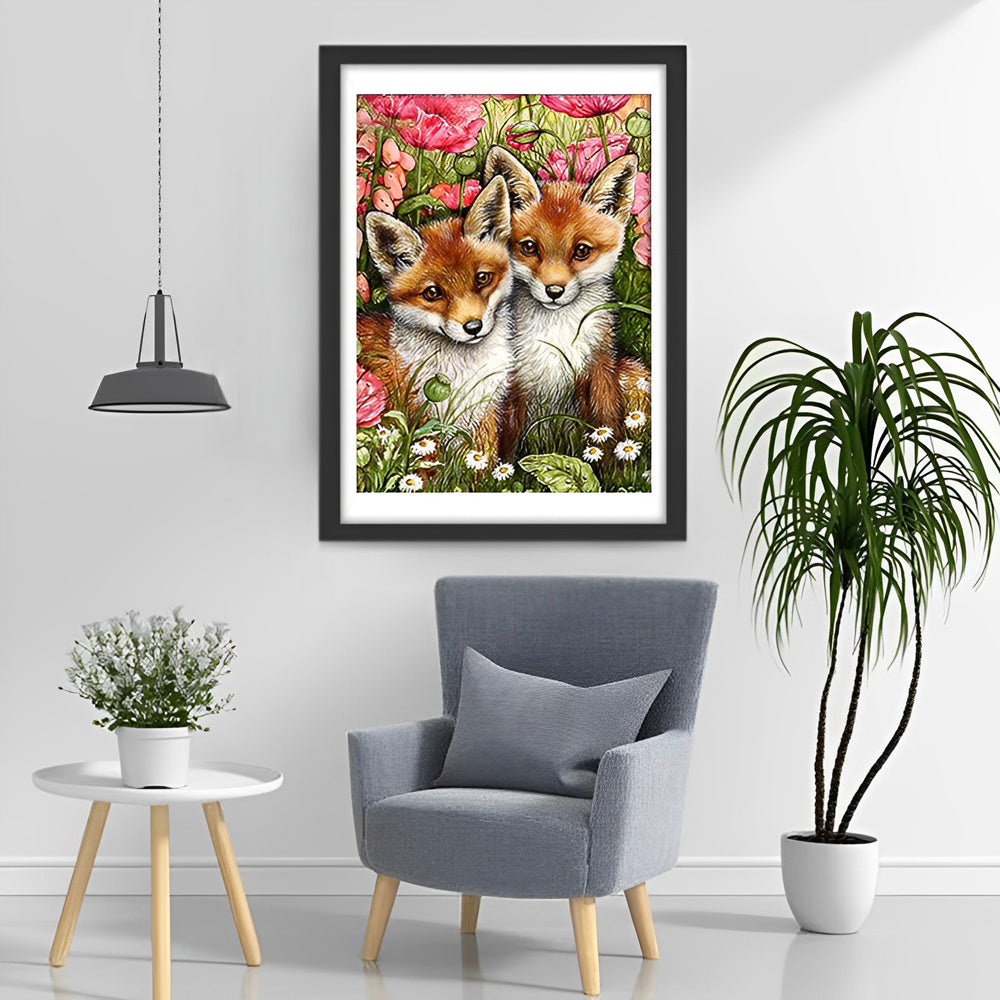 Twee Vossen in een Roze Bloemenstruik Diamond Painting