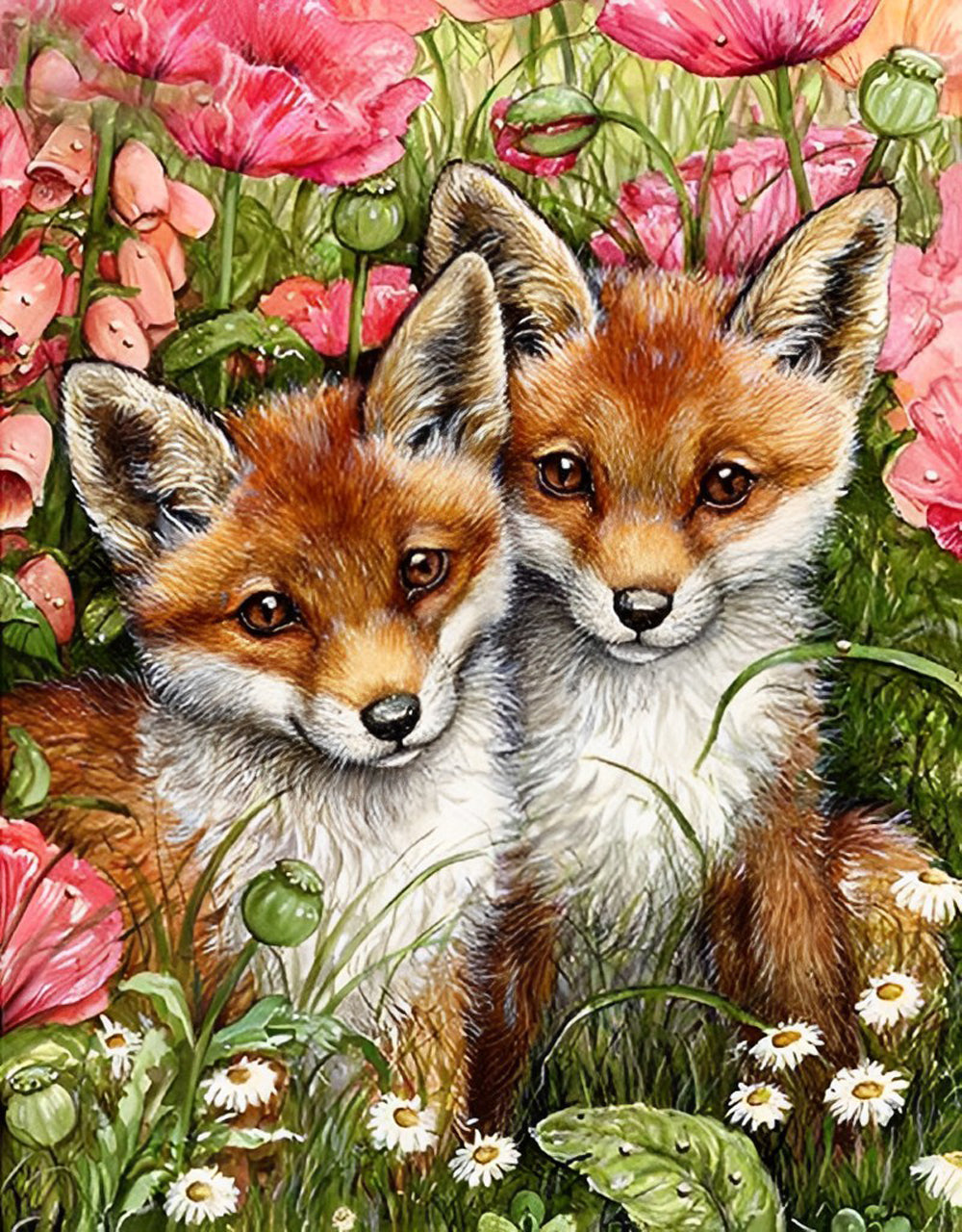 Twee Vossen in een Roze Bloemenstruik Diamond Painting