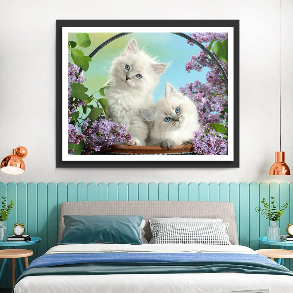 Twee Witte Katten in een Paarse Bloemenstruik Diamond Painting
