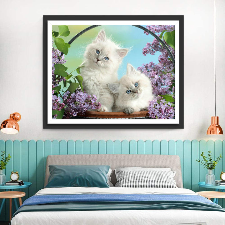 Twee Witte Katten in een Paarse Bloemenstruik Diamond Painting