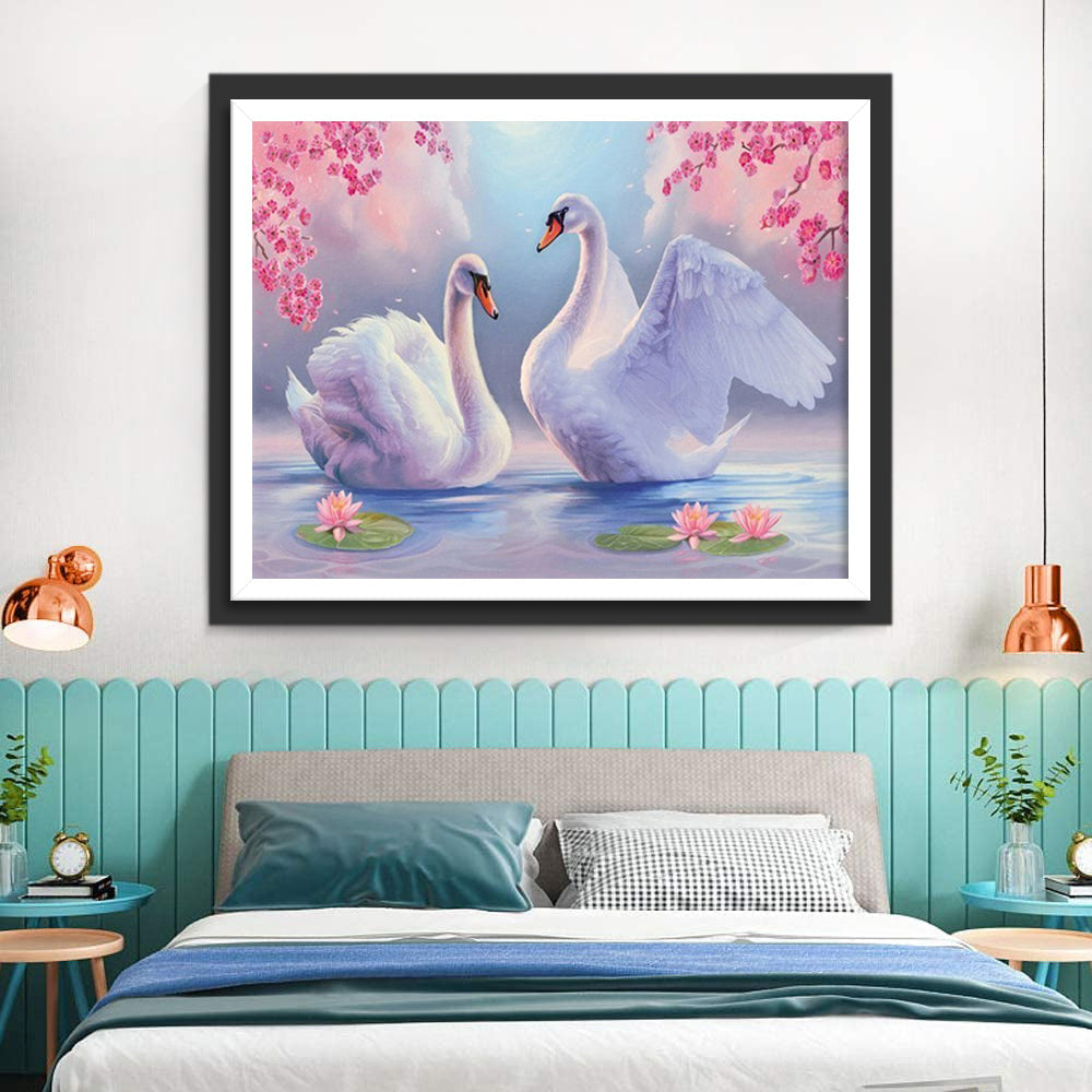 Twee Witte Zwanen in een Lotusvijver Diamond Painting