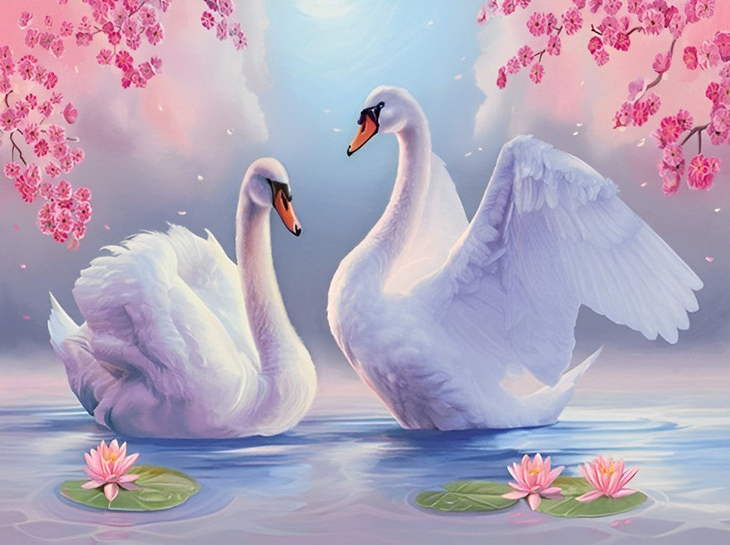 Twee Witte Zwanen in een Lotusvijver Diamond Painting