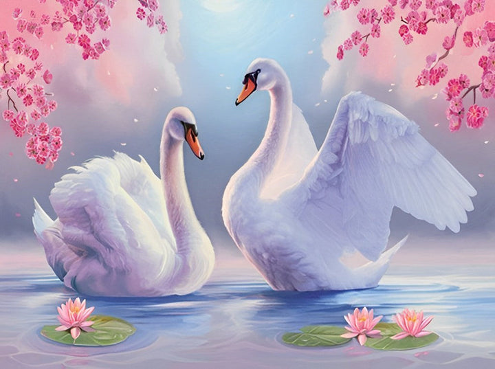 Twee Witte Zwanen in een Lotusvijver Diamond Painting