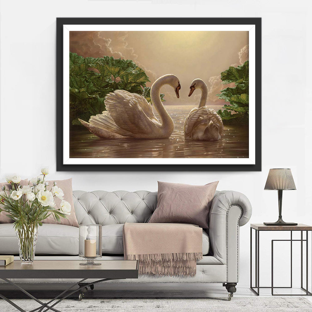 Twee Witte Zwanen in het Meer Diamond Painting