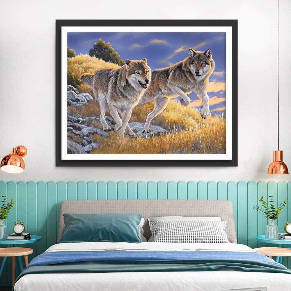 Twee Wolven in de Weide in de Herfst Diamond Painting