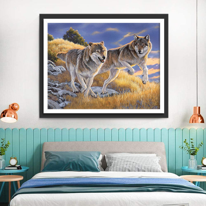 Twee Wolven in de Weide in de Herfst Diamond Painting