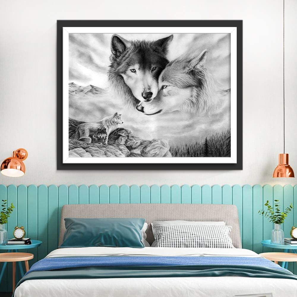 Twee Wolven Leunen tegen Elkaar Diamond Painting