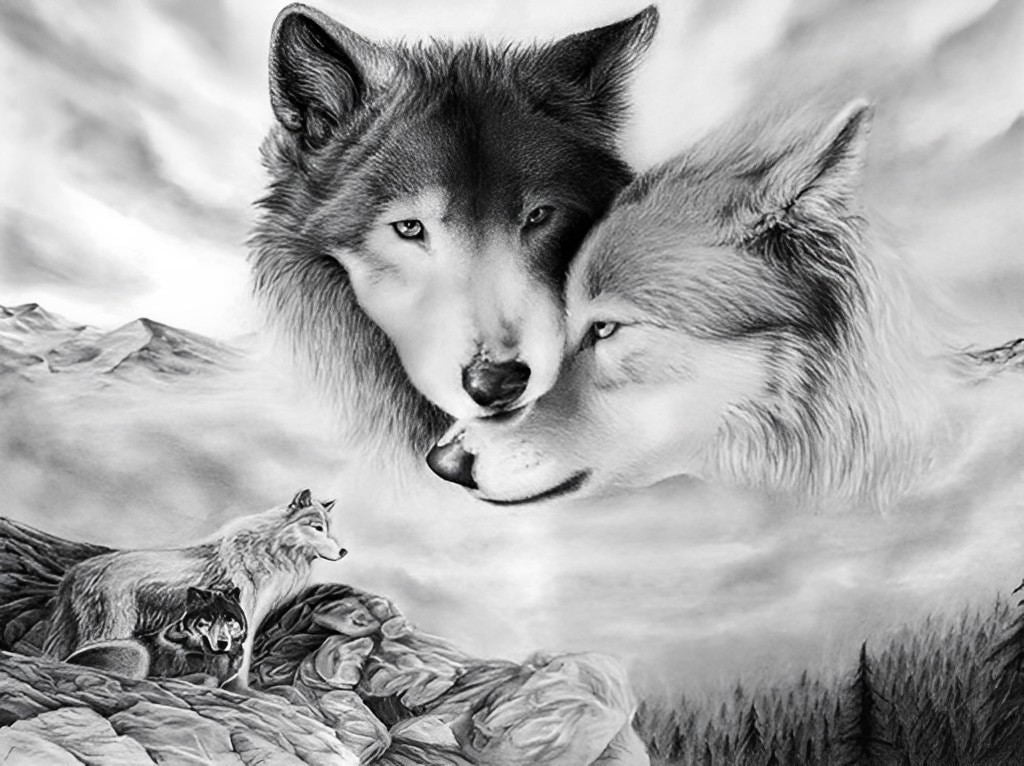 Twee Wolven Leunen tegen Elkaar Diamond Painting