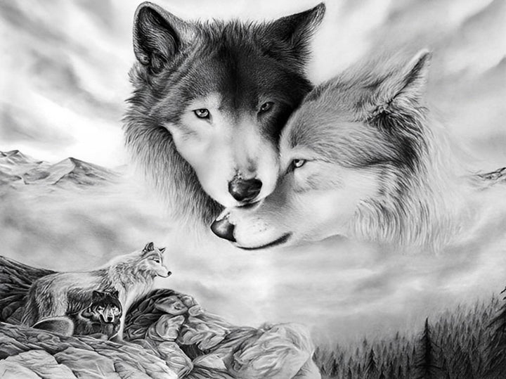 Twee Wolven Leunen tegen Elkaar Diamond Painting