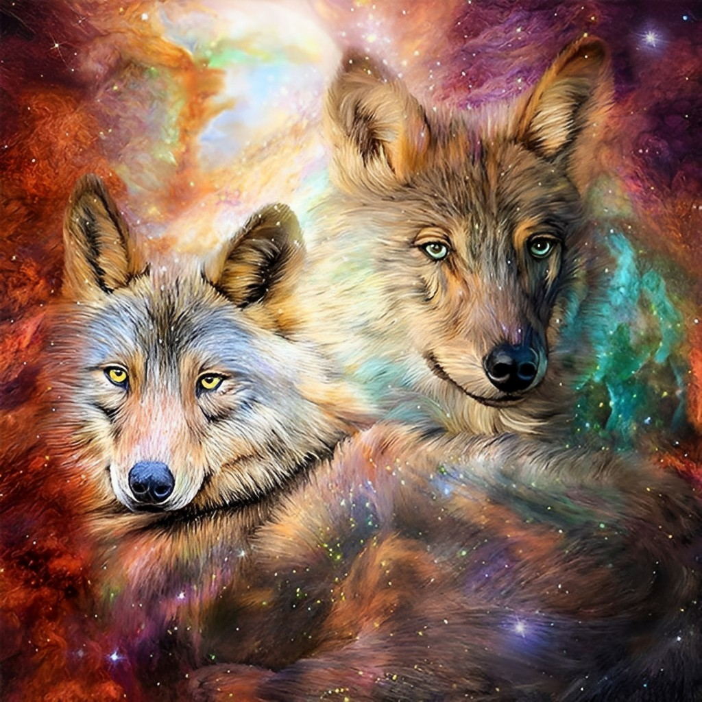 Twee Wolven voor een Heldere Sterrenhemel Diamond Painting