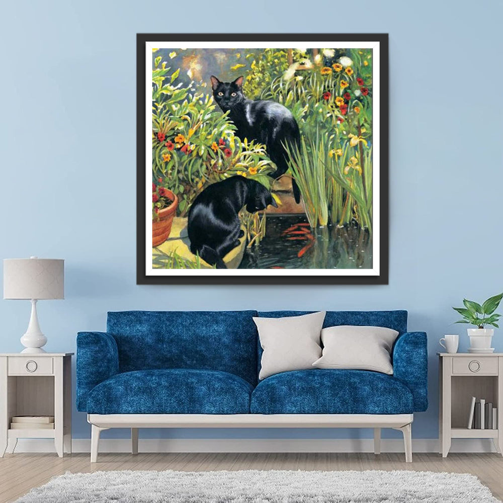 Twee Zwarte Katten in het Gras Diamond Painting