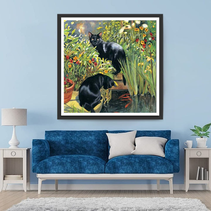 Twee Zwarte Katten in het Gras Diamond Painting