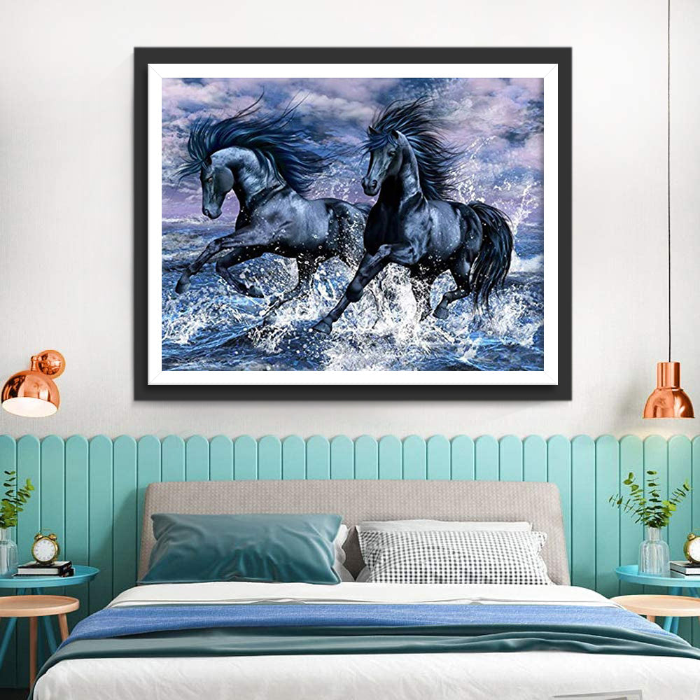 Twee Zwarte Paarden Rennen in de Zee Diamond Painting