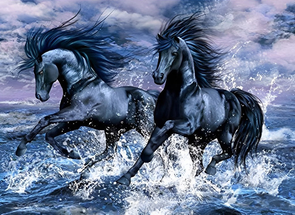 Twee Zwarte Paarden Rennen in de Zee Diamond Painting