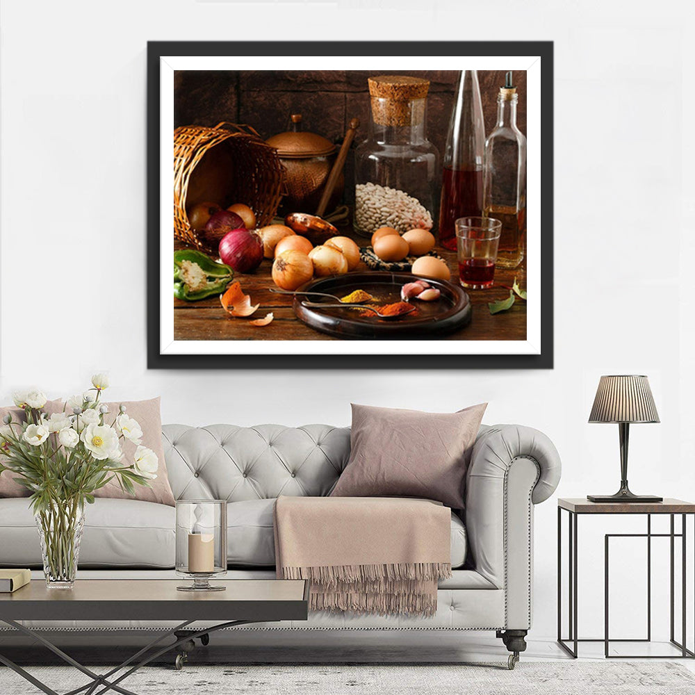 Ui, Kruiden en Flessen op een Houten Tafel Diamond Painting