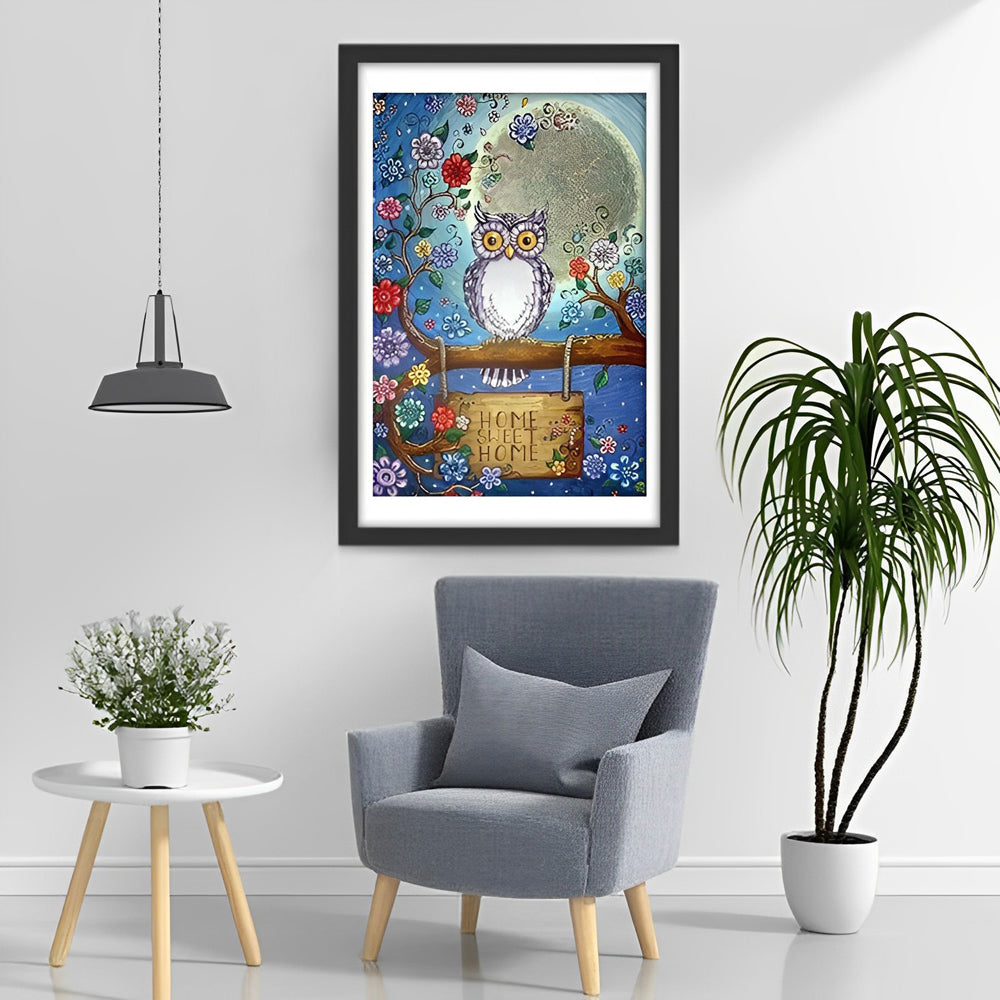 Uil en Bloemen in het Maanlicht Diamond Painting