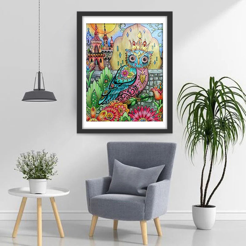 Uil in de Bloemen op de Kasteelmuur Diamond Painting