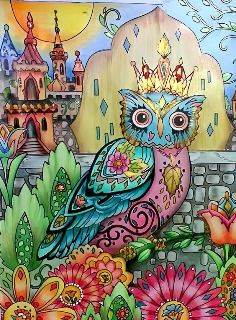 Uil in de Bloemen op de Kasteelmuur Diamond Painting