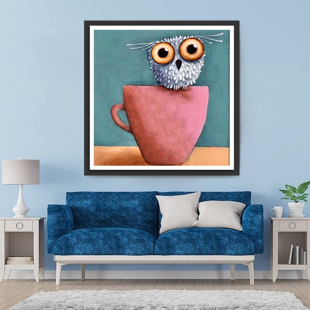 Uil in een Roze Kopje Diamond Painting