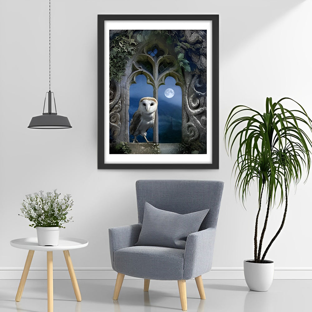 Uil in het Kasteelraam bij Maanlicht Diamond Painting