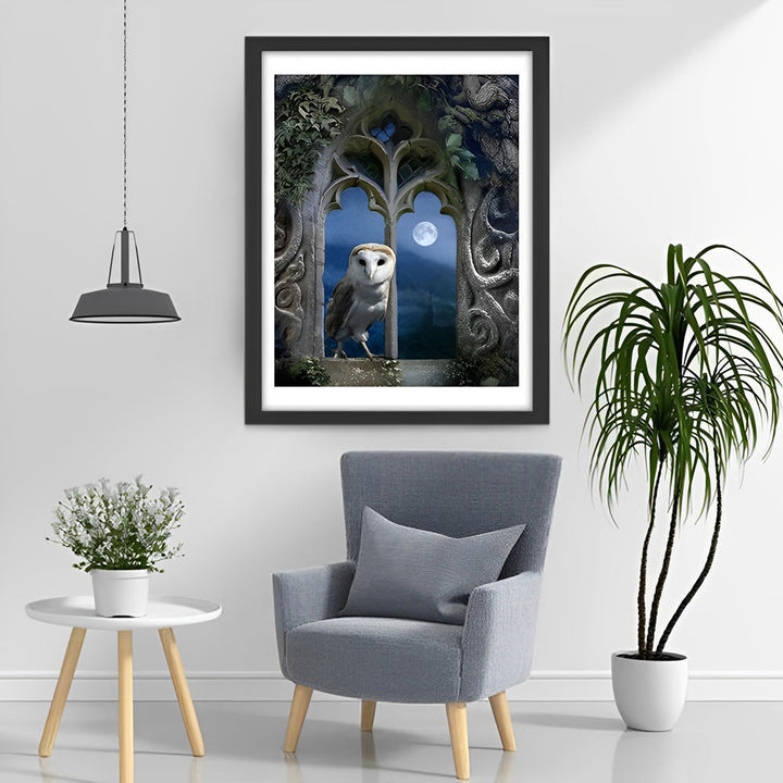 Uil in het Kasteelraam bij Maanlicht Diamond Painting