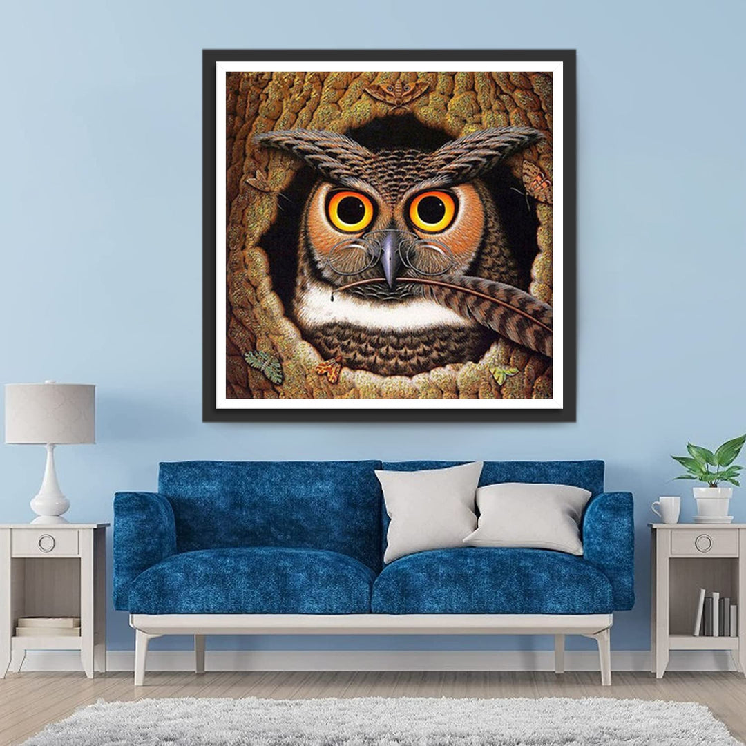 Uil met Bril en Blad in de Bek Diamond Painting