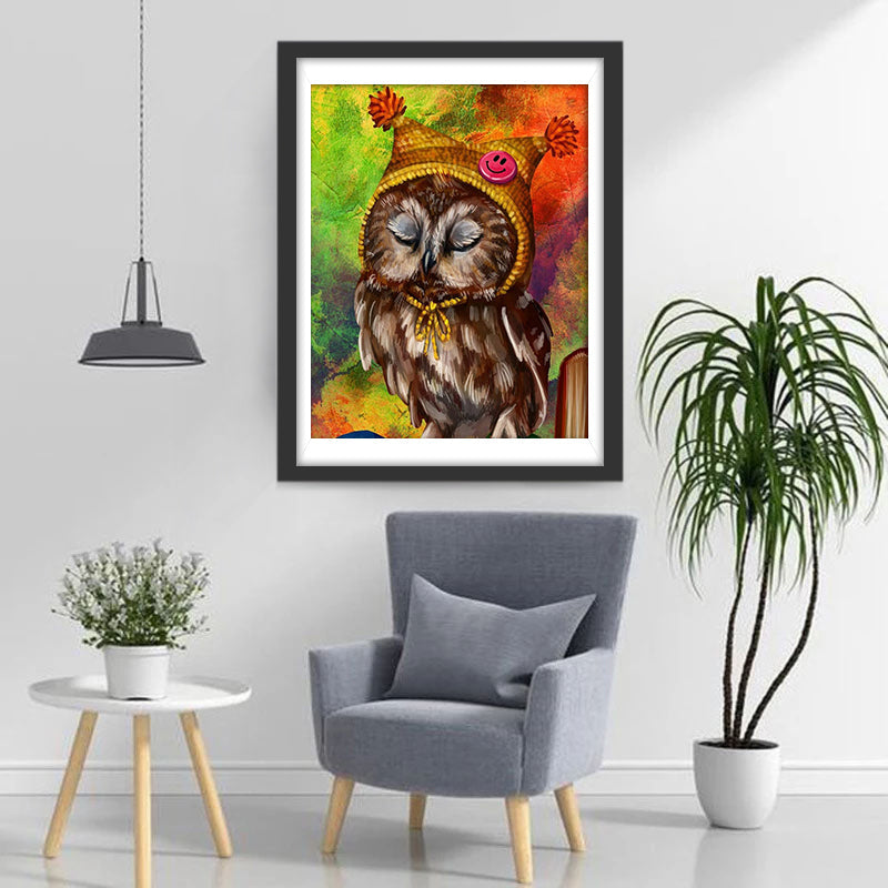 Uil met Gebreide Muts Diamond Painting