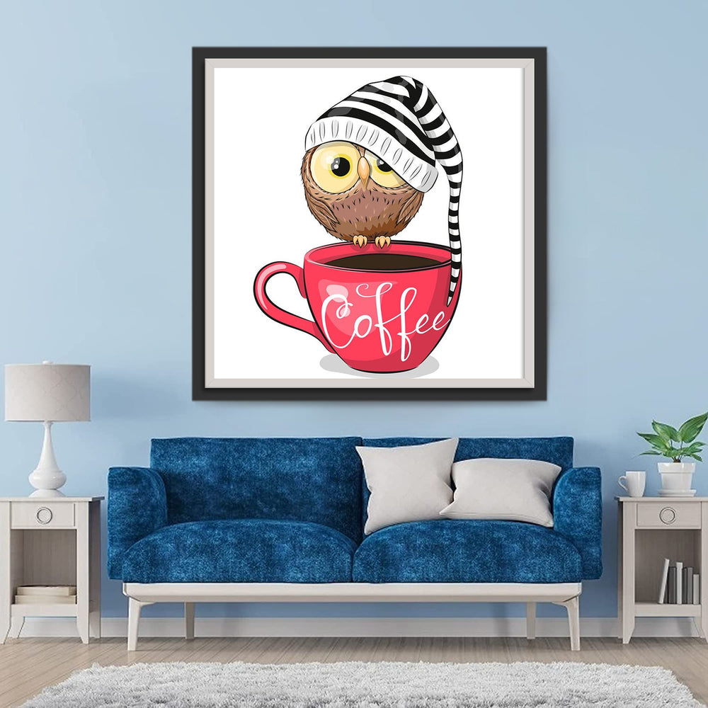 Uil met Hoed op een Koffiekopje Diamond Painting