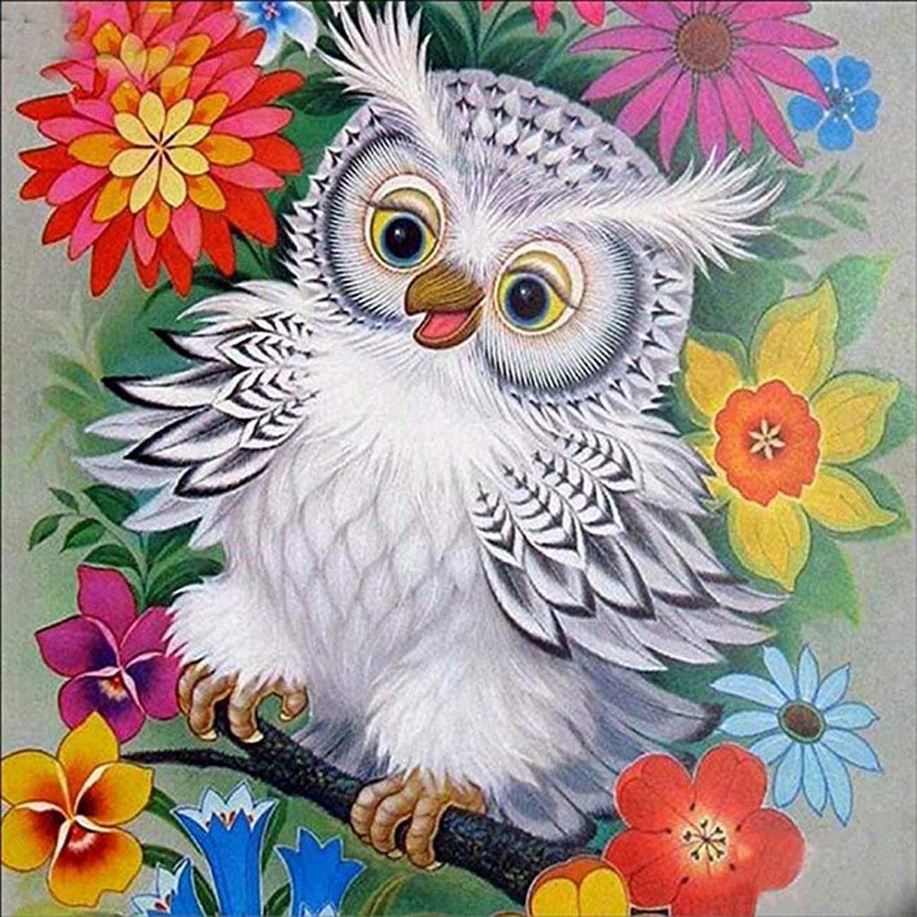 Uil omringd door Bloemen Diamond Painting