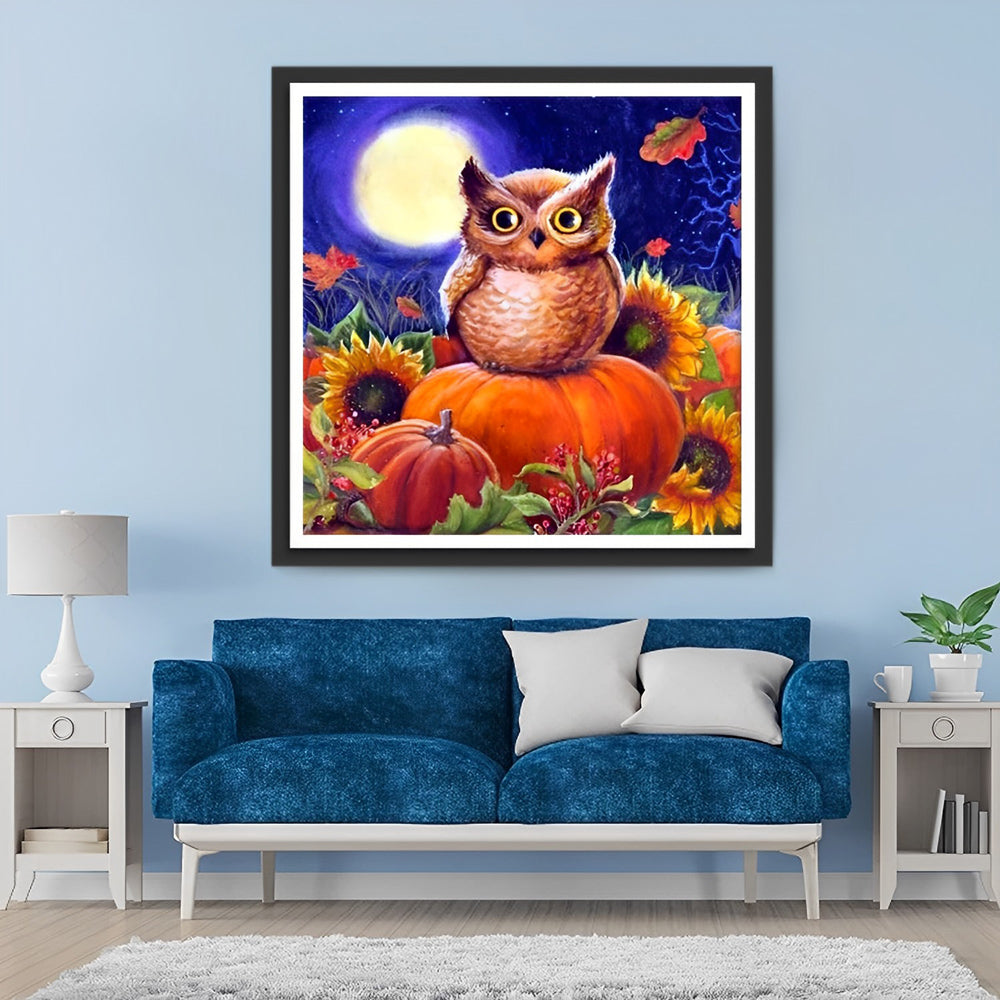 Uil op de Pompoen naast de Zonnebloemen Diamond Painting