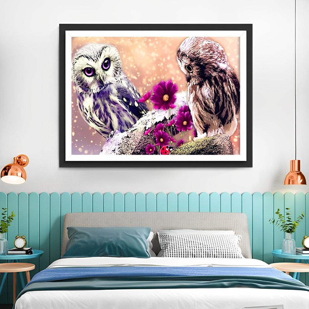 Uilen en Paarse Bloemen Diamond Painting
