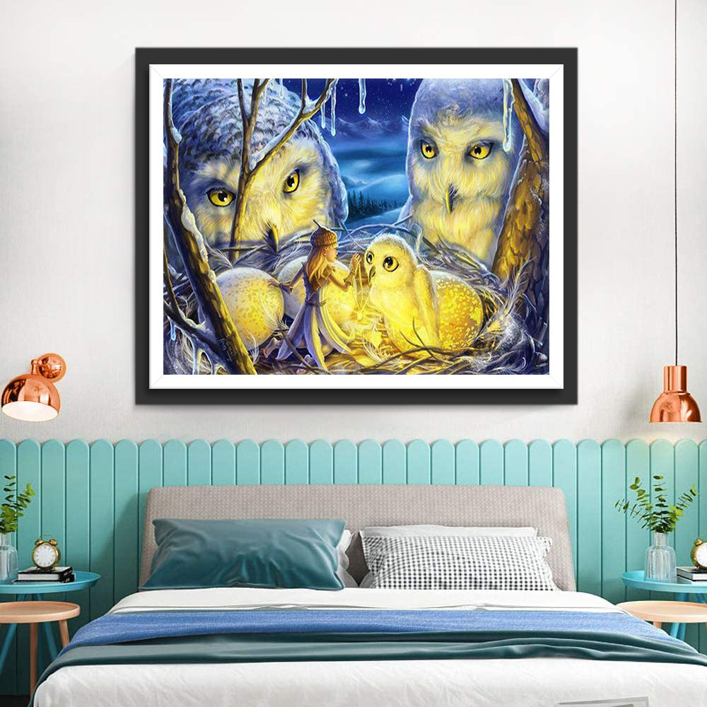 Uilen Keken naar het Kleine Meisje en de Babyuil Diamond Painting