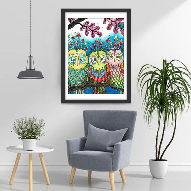 Uilen met Paddenstoelen op hun Hoofd Diamond Painting