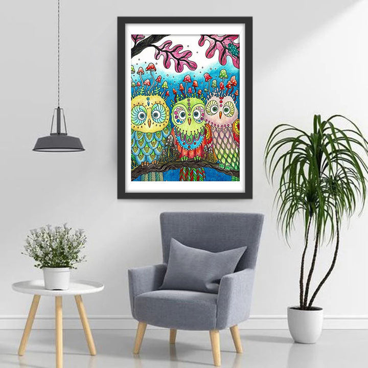 Uilen met Paddenstoelen op hun Hoofd Diamond Painting