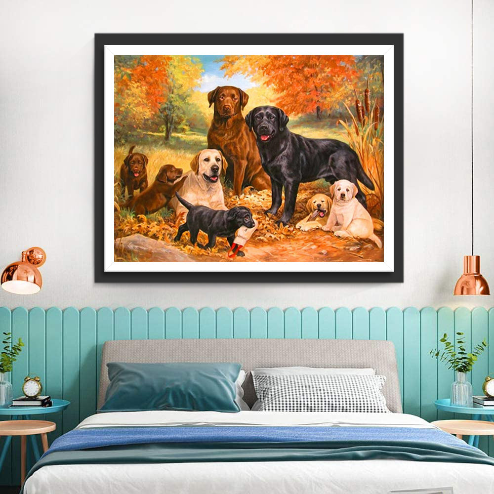 Veel Honden in het Herfstbos Diamond Painting