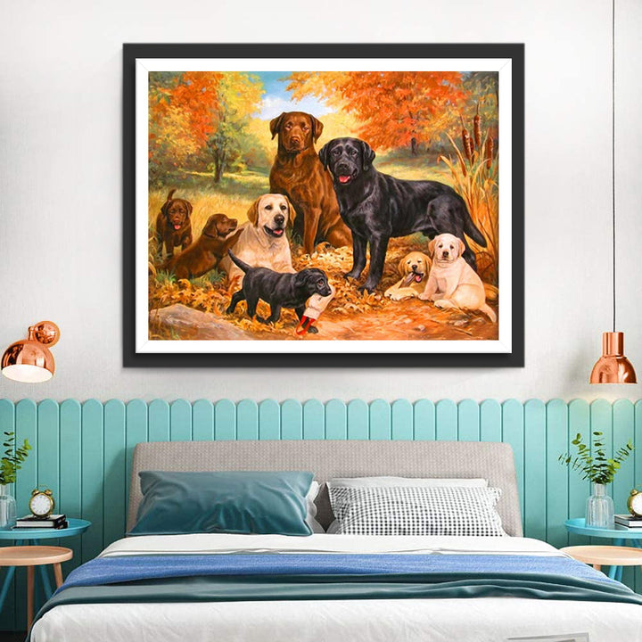 Veel Honden in het Herfstbos Diamond Painting